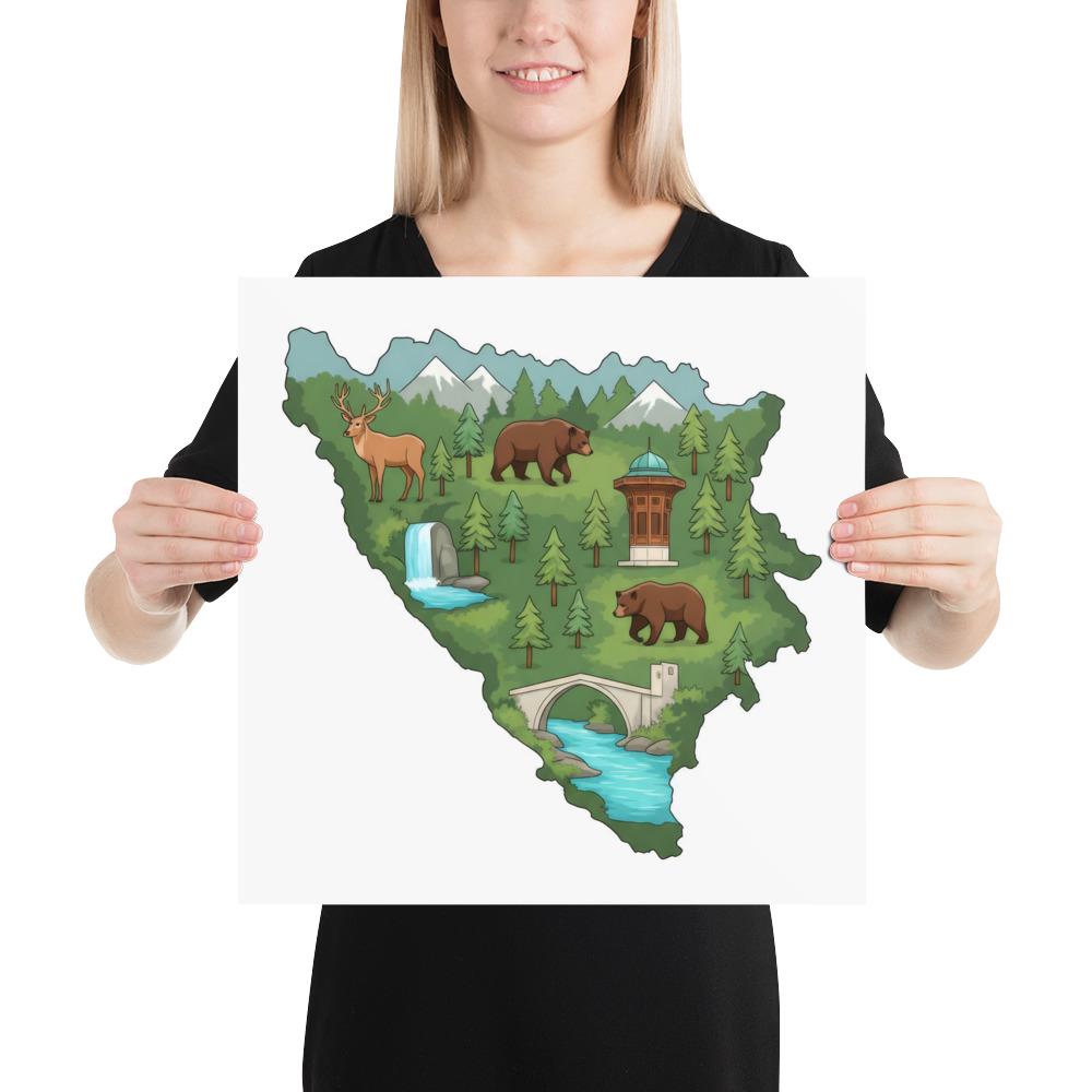 Bosnia Map Poster – Bosnian Map Art – Sarajevo, Jajce, Mostar